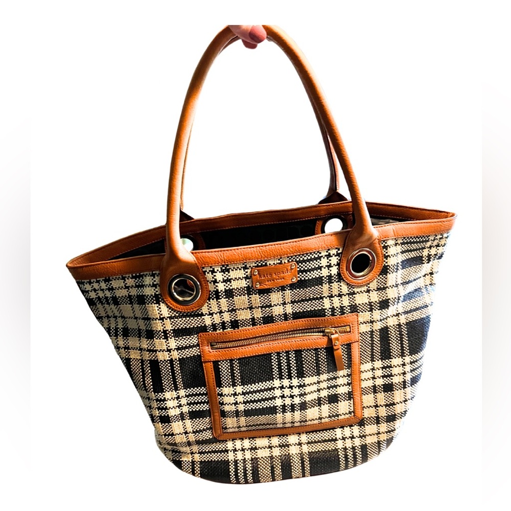 Kate Spade New York Navy Plaid Canvas Beach Tote Bag with Tan Leather Trim